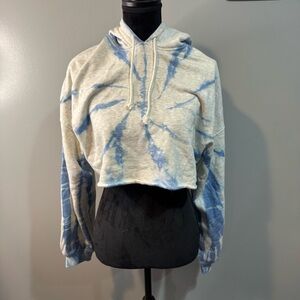 Divided Cropped Tie-Dye Pullover Sweater Hoodie- Blue & Grey